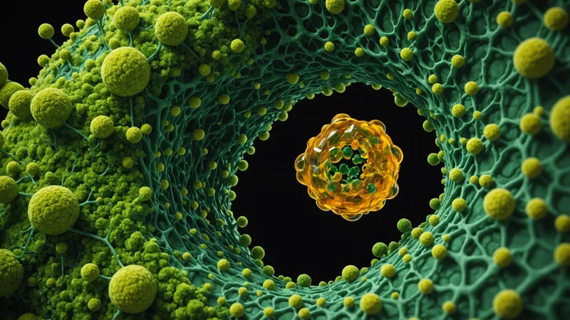 Abstract visualization of an enzyme active site pocket with substrate molecule docking