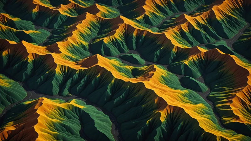 Abstract 3D fitness landscape topographic surface in forest green tones