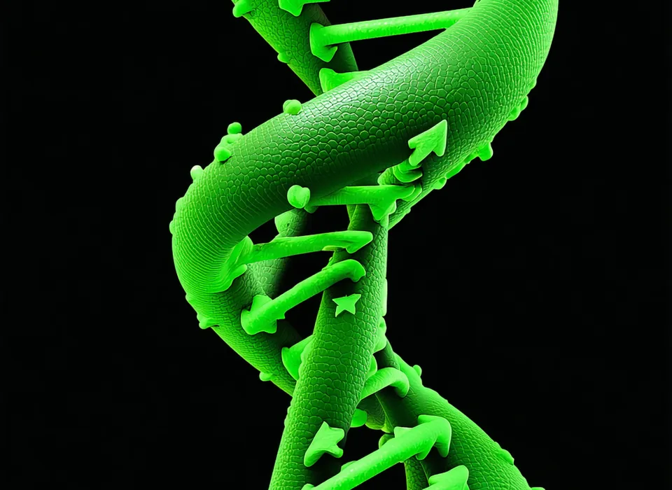 Abstract protein ribbon structure diagram, alpha helices in deep forest green and beta sheets in pale sage, rendered on a near-black background