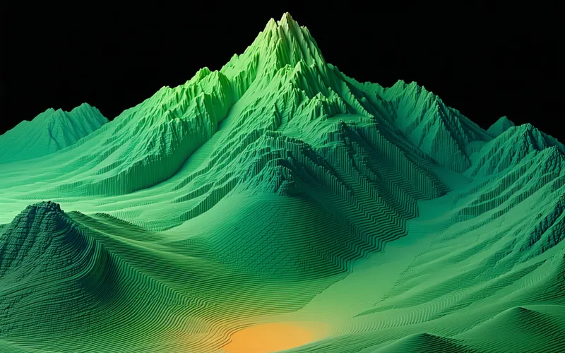 Abstract conceptual visualization of a fitness landscape as a 3D topographic surface in forest green and amber tones